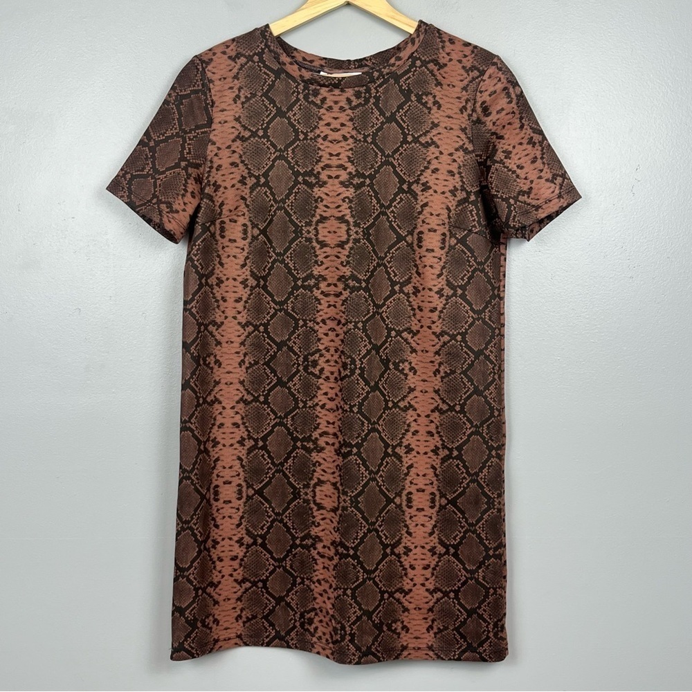 NWT Zara Trafaluc brown faux suede snake skin print mini shift dress, small. - Picture 2 of 10